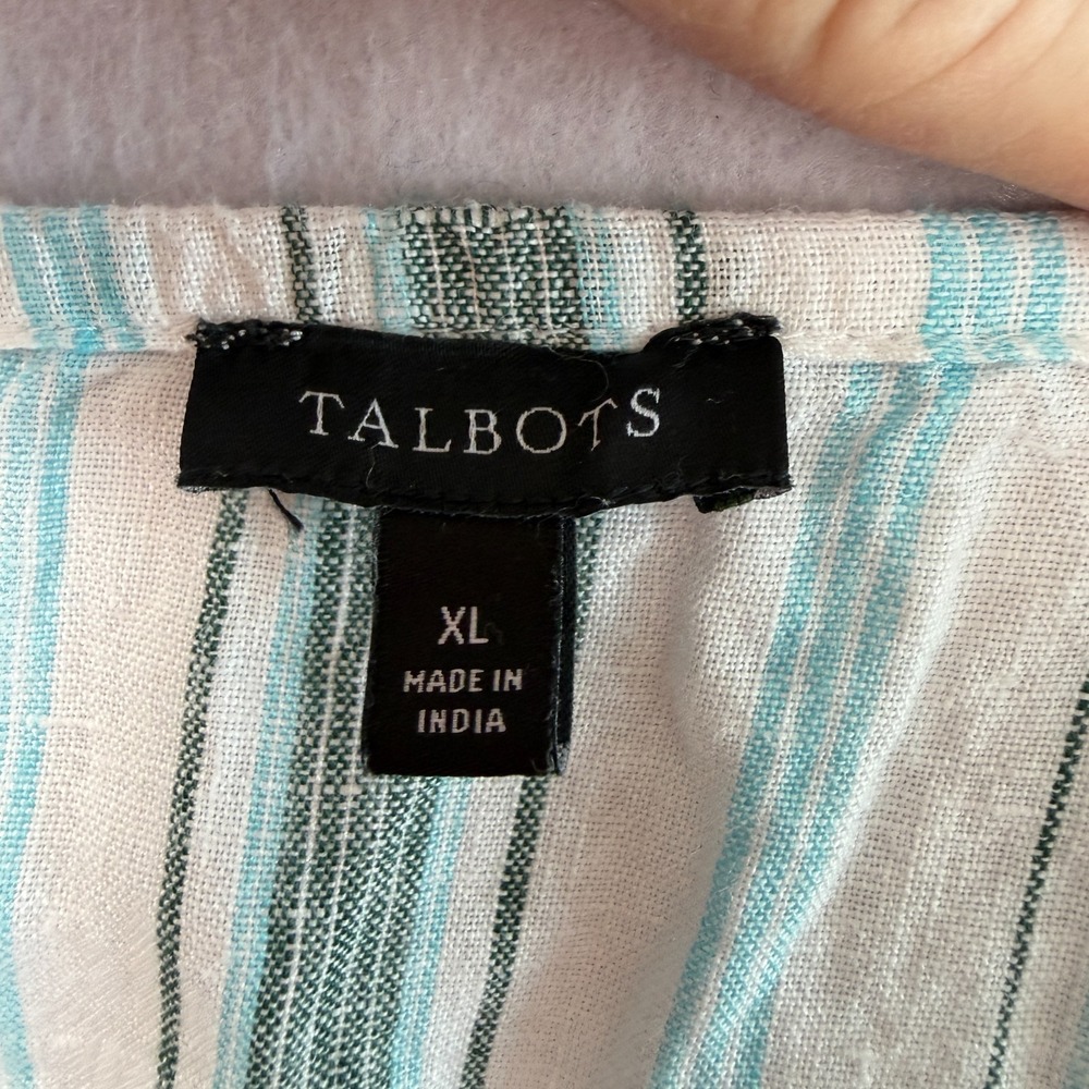 Talbots Striped Linen Peasant Blouse Sz XL White Blue Green Boho Coastal Breezy - Picture 6 of 7
